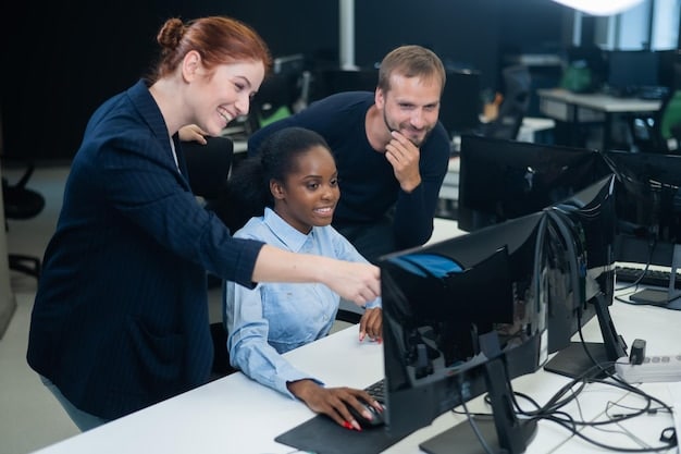 A modern university IT support team working collaboratively in a control room, monitoring network activity and assisting remote users with technical issues related to online learning platforms.