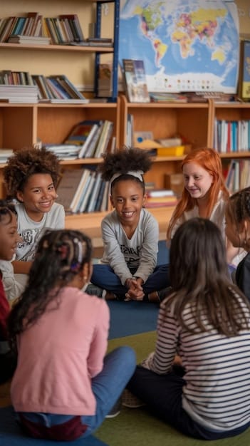 A teacher facilitating a group discussion with elementary school students, promoting open communication and empathy in a classroom setting.