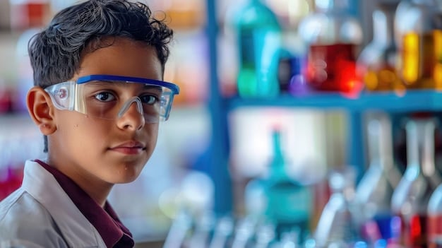 A high school student intently looking at a complex chemistry experiment in a lab, with safety goggles and a lab coat, indicating hands-on learning and scientific inquiry.