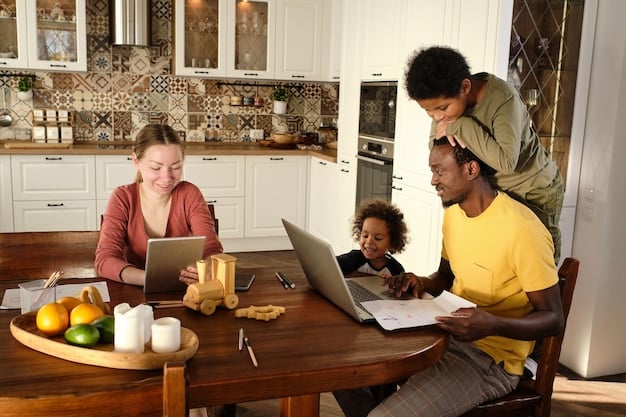 A family sitting around a kitchen table, looking at a laptop and documents, appearing engaged in research and discussion about educational choices, with children occasionally pointing at the screen.