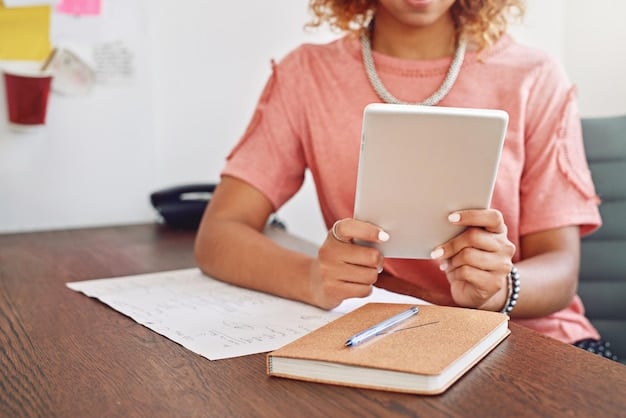 A close-up of a student using a tablet to take an online standardized test. The focus is on the screen displaying the test questions and the student's hands interacting with the device. This illustrates the technological advancements in updated guidelines for standardized testing in US high schools for the 2025-2026 school year.