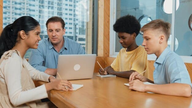 Parents sitting at a table discussing college applications with their high school student. They are reviewing documents and comparing notes. The image emphasizes the importance of updated guidelines for standardized testing in US high schools for the 2025-2026 school year on college admissions.