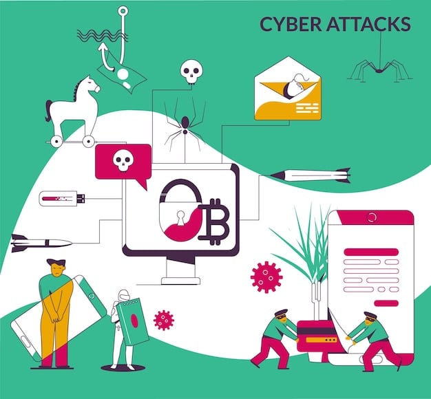A graphic illustration showing various cyber threats such as phishing emails, malware, and ransomware converging on a school building represented as a digital network. The image emphasizes the vulnerability of school systems to different types of cyberattacks. The text 