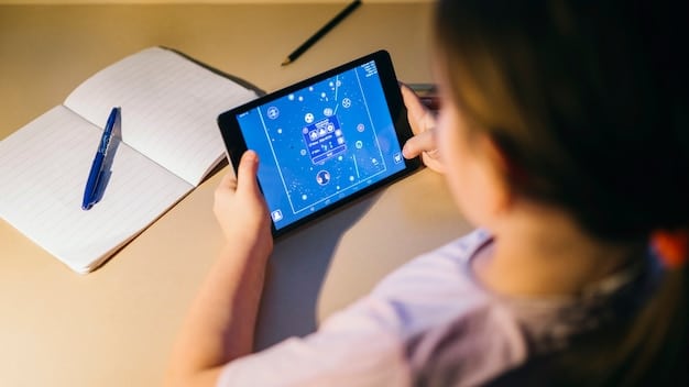 A close-up shot of a student using a tablet with an AI-powered learning app. The app displays personalized learning activities tailored to the student's skill level. The background shows other students collaborating on a project, highlighting the blended learning environment made possible by AI. The image represents 'The Rise of AI in Education: Experts Predict 30% of US Schools Will Implement AI-Powered Learning Tools by 2026' specifically the personalization aspect.