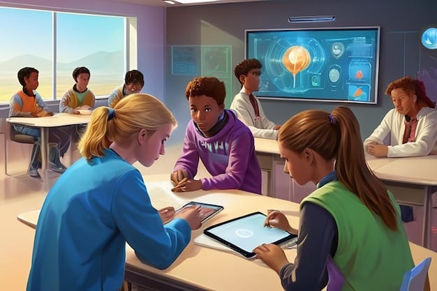 A teacher is facilitating a group discussion among students, using AI-generated data to personalize the learning experience. The teacher is seen providing individualized support and encouragement, highlighting the human element in an AI-enhanced classroom. The image aligns with 'The Rise of AI in Education: Experts Predict 30% of US Schools Will Implement AI-Powered Learning Tools by 2026', emphasizing the evolving role of teachers.