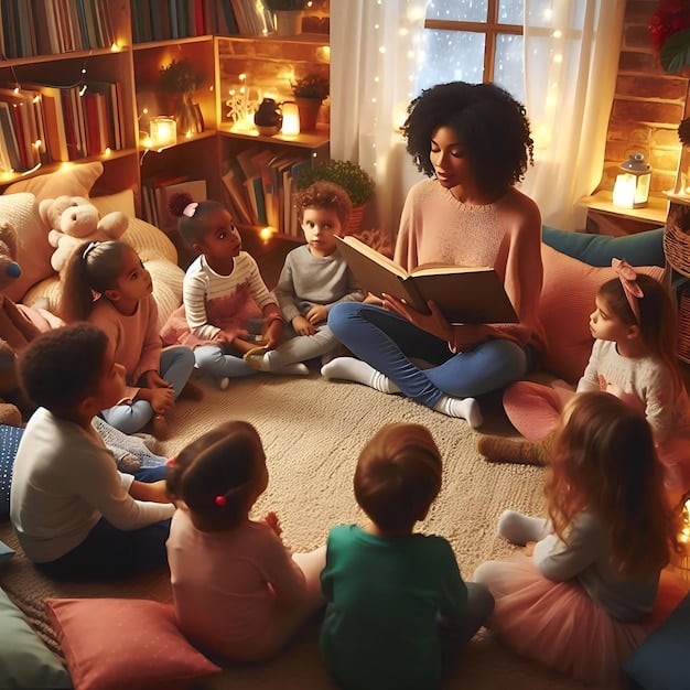 A teacher is interacting with a group of preschool children by reading engaging book. The children are of different ethnic backgrounds and are paying close attention. The setting is a bright and welcoming classroom. The scene represents the kind of educational environments that will benefit from Breaking: Department of Education Announces $50 Million Investment in Early Childhood Education Programs Nationwide.