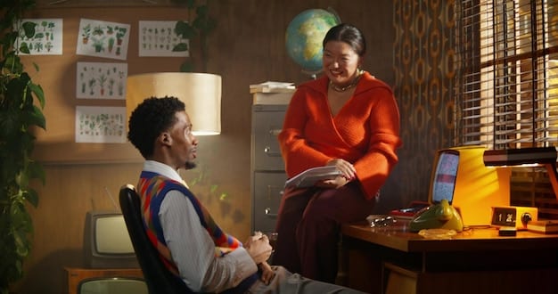 A counselor sitting with a high school student in a brightly lit office, engaging in a supportive conversation. Posters with mental health resources and positive affirmations are visible on the walls, underscoring a safe and supportive environment.