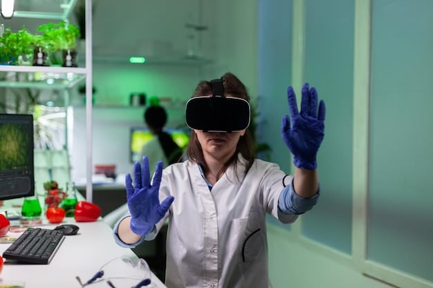 A student wearing a VR headset, fully immersed in a virtual chemistry lab for an online course. The lab equipment and experiments appear realistic, highlighting the immersive learning experience offered by VR technology. This image highlights the advanced technologies in The Future of Higher Education: Experts Predict a Shift Towards Online and Hybrid Learning Models by 2030.