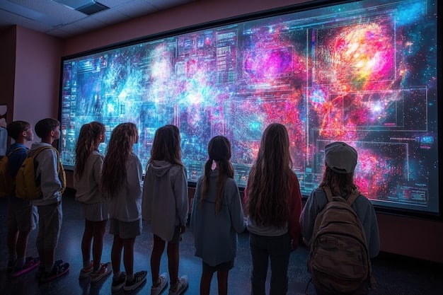 A holographic projection of a professor teaching a class to students in various locations around the world. The students are interacting with the holographic professor and each other, showcasing the potential of holographic technology in education. This image embodies The Future of Higher Education: Experts Predict a Shift Towards Online and Hybrid Learning Models by 2030.