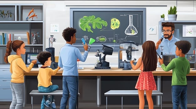 A detailed schematic or blueprint illustration of a modern science laboratory with students and teachers interacting with advanced equipment. The image has a clean, technical aesthetic, showcasing planned renovation or construction.