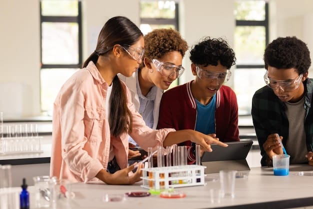 A group of diverse high school students presenting a complex engineering project at a science fair setup, with diagrams and a prototype model clearly visible.