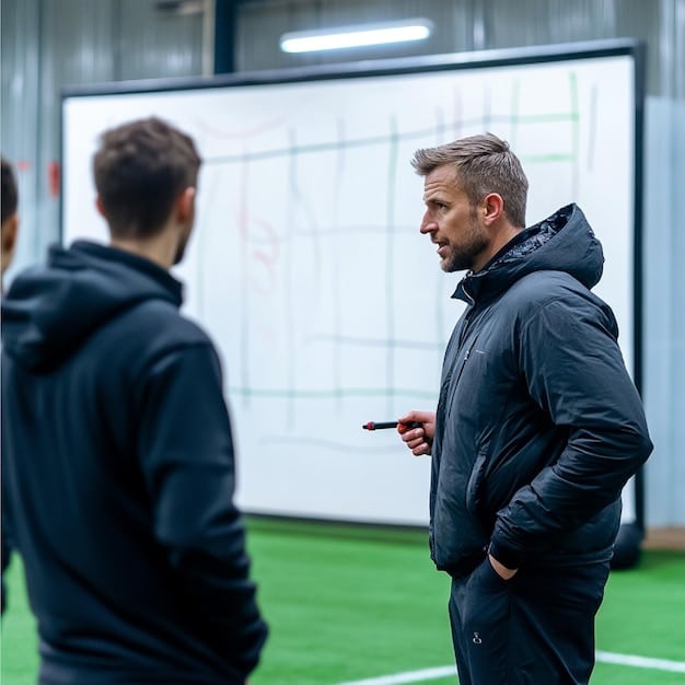 A college football coach in a press conference looking thoughtful, with a whiteboard behind him showing strategic plays and player rotations.