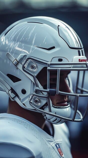 A close-up of a high-tech NFL helmet displaying internal padding and advanced materials with a blurred football field in the background.