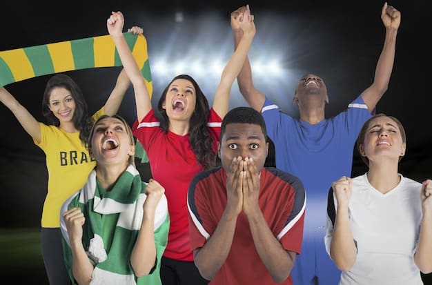 Diverse group of soccer fans from different countries cheering together in a stadium, embodying unity and excitement at a major international football event.