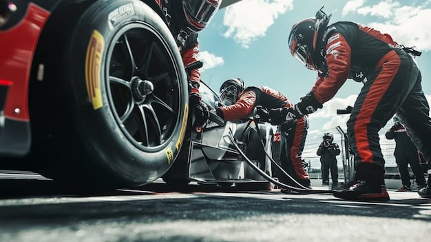 A pit crew in action, performing a rapid tire change on a NASCAR Next Gen car during a race, showcasing the single lug nut wheel.