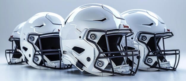 A photo montage showing the evolution of NFL helmets over the years. The images should highlight the improvements in helmet technology and design, with a focus on concussion prevention features. Include captions that describe the key advancements of each helmet model.