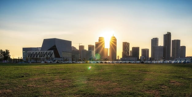 A panoramic view of a modern MLS stadium at dusk, with the city skyline in the background. The stadium is illuminated and features vibrant signage promoting the upcoming Major League Soccer Expansion: Two New Teams to Join in 2026.
