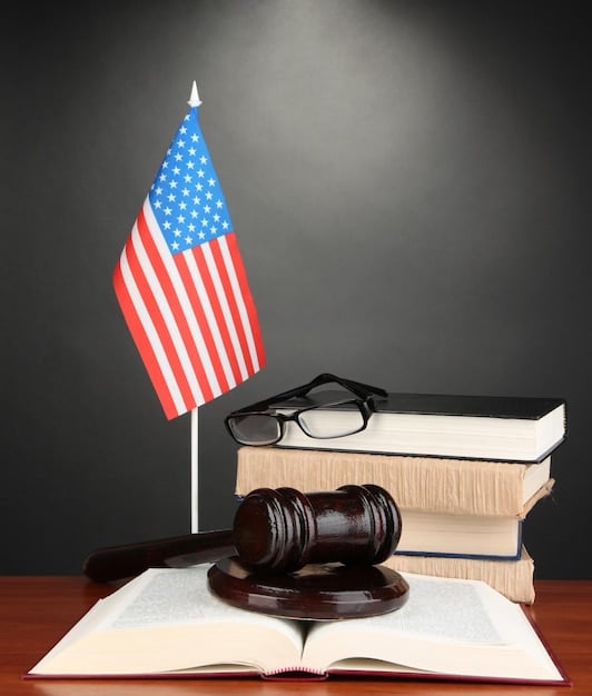 A gavel resting on a stack of legal documents related to the US Women's Soccer Team's equal pay case. The American flag is subtly visible in the background, symbolizing the legal battles fought on US soil, emphasizing the US Women's Soccer Team Faces Equal Pay Fight: What's the Status?.