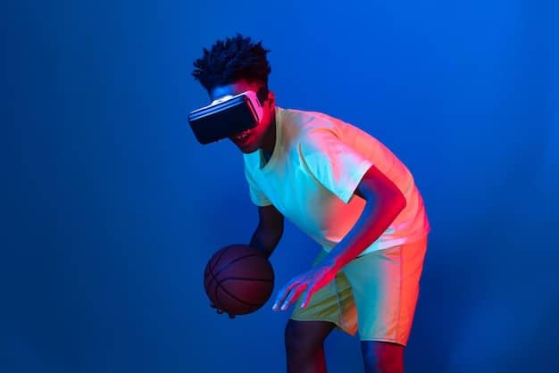 A basketball player using a virtual reality headset for AI-powered training. The VR simulation replicates game scenarios, allowing the player to improve reaction time and decision-making skills. This illustrates how New Technology: How AI is Transforming Sports Training in basketball.