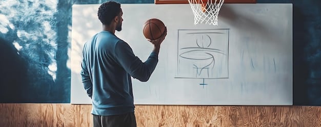 A detailed shot of a basketball coach intensely drawing plays on a whiteboard while surrounded by focused players, symbolizing strategic adjustments teams will make due to new transfer rules.