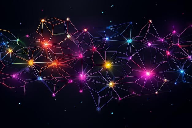 A detailed, abstract network of interconnected nodes and lines, suggesting complex data flows and cybersecurity measures, with vibrant colors representing activity and vigilance.