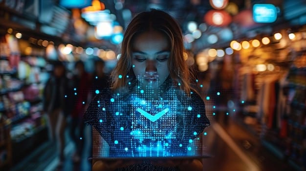 A customer interacting with a holographic interface showing personalized product recommendations, with blurred background elements suggesting data privacy and cybersecurity measures.