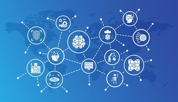 A stylized map of interconnected nodes and lines representing new business models enabled by AI, with various icons symbolizing innovative services and products.