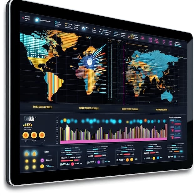 A dashboard displaying various real-time data points related to supply chain visibility, featuring graphs, maps with shipment routes, and logistical metrics, symbolizing enhanced digital oversight and predictive insights for risk mitigation.