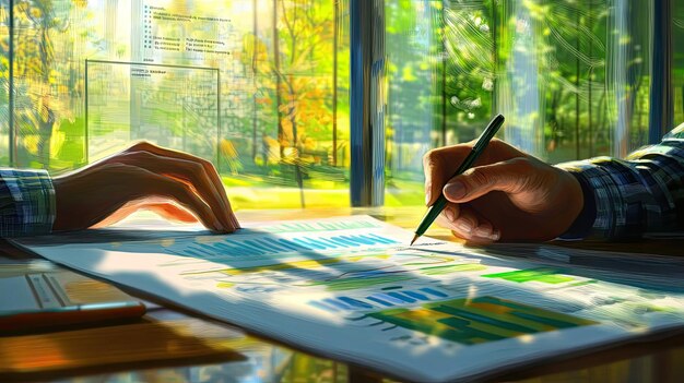 A detailed financial ledger or spreadsheet showing columns for tax credits, deductions, and green investments, with a hand holding a pen pointing to a positive balance.