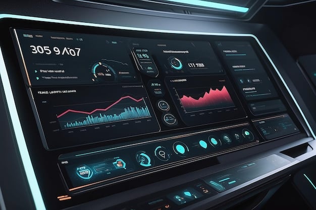 A sleek, modern dashboard display showing various technological metrics, charts, and data points, symbolizing efficient remote work management. The interface includes icons for communication, project tracking, and secure data alongside subtle glow effects to highlight key information.