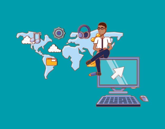 A professional freelancer working remotely on a laptop, with a stylized background depicting global connectivity and various business icons, symbolizing efficiency and remote capability.