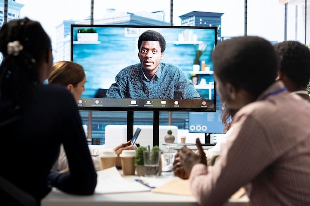 A business leader reviewing project progress with a remote team of diverse freelancers on a large screen, symbolizing effective remote collaboration and project management.