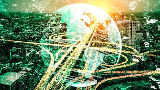 An intricate, digital rendering of a global supply chain network, with green energy symbols flowing through logistics routes and sustainable factories highlighted.