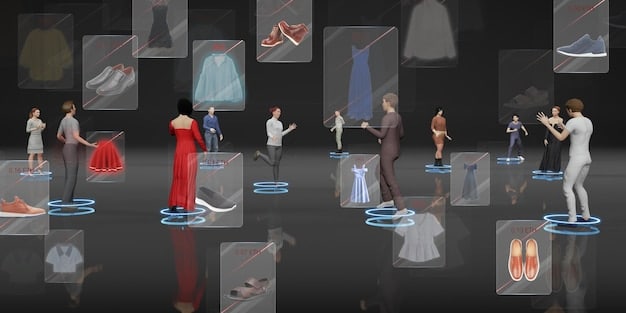 A diverse group of avatars attending a virtual fashion show in a futuristic metaverse environment, showcasing digital clothing and accessories, surrounded by branded billboards.