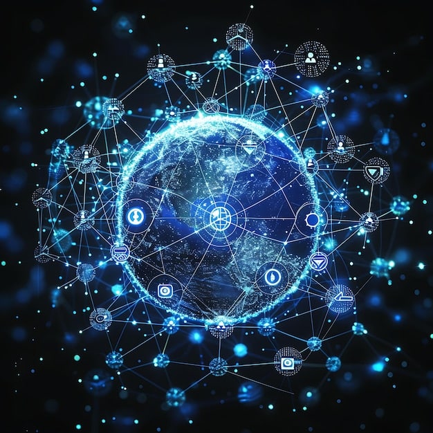 A detailed network of digital connections overlaid on a globe, symbolizing global data flow and cybersecurity. Emphasizes security and interconnections in data analytics.