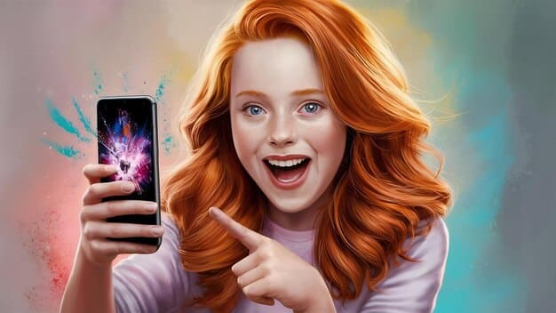 A young woman excitedly showcasing a trend on her smartphone, with blurred social media feeds in the background, illustrating short-form video consumption.