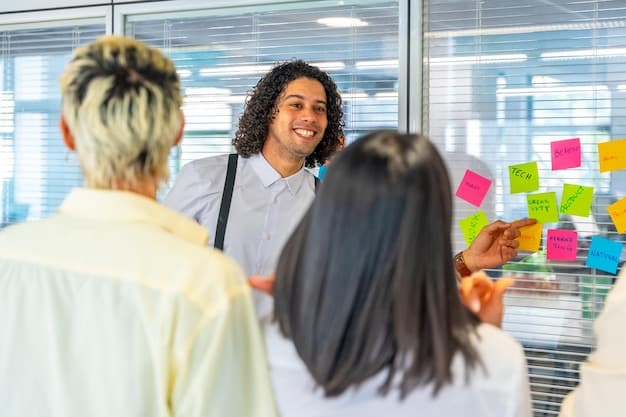 A diverse group of business professionals engaging in a lively brainstorming session, with sticky notes on a whiteboard showing ideas about process optimization and technology integration. The atmosphere is collaborative and forward-thinking.