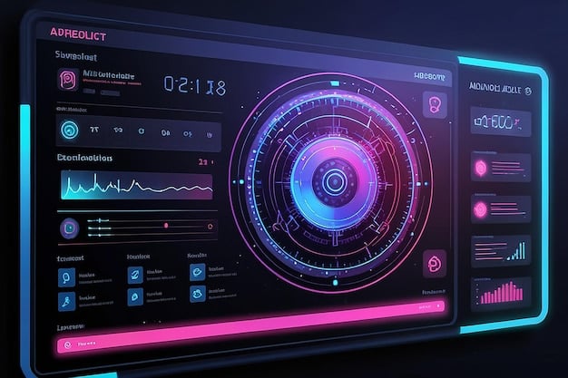 A detailed, futuristic dashboard displaying real-time operational data, with glowing lines connecting various automated processes. The screen shows metrics like efficiency gains, cost reductions, and processing speeds, indicating comprehensive business insights.