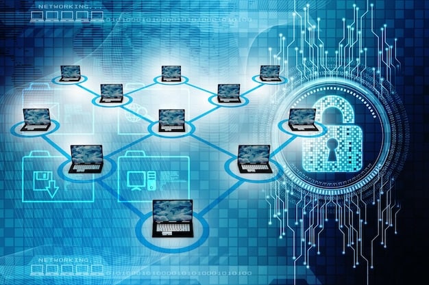 A detailed network diagram showing interconnected devices and data flows, with security icons and a padlock symbol, representing data protection and resilient IT infrastructure.