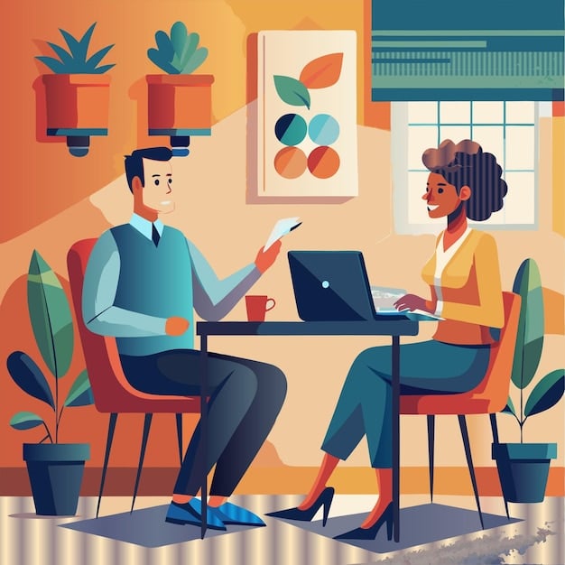 Two business professionals engaged in an animated conversation over coffee in a modern office lounge, demonstrating active listening and shared ideas.