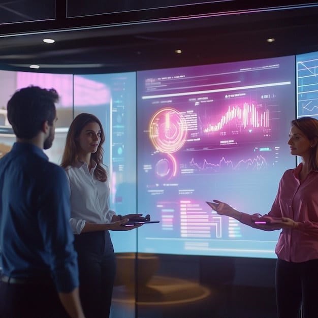 A marketer uses a holographic interface to analyze complex data visualizations, showing sales trends and customer segments, with other team members in the background discussing insights.