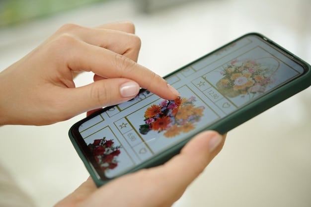 A detailed, close-up shot of a smartphone screen displaying an augmented reality (AR) app that allows a user to virtually place a piece of furniture in their living room, demonstrating innovative e-commerce technology.