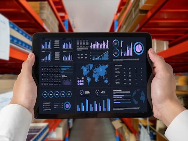 A digital dashboard displaying real-time data on various aspects of a supply chain, including inventory levels, transportation routes, and potential disruptions. The dashboard symbolizes the importance of data-driven decision-making in enhancing Supply Chain Resilience: Strategies for US Businesses to Mitigate Disruptions in the Next 12 Months.