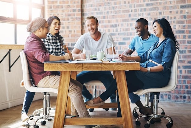 A diverse group of people sitting around a table in a modern office, engaged in a collaborative meeting to discuss supply chain strategies. The image represents the importance of communication and teamwork in achieving Supply Chain Resilience: Strategies for US Businesses to Mitigate Disruptions in the Next 12 Months.