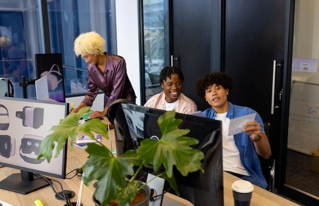 An image showing a diverse group of small business employees collaborating and using AI-powered tools on their laptops and tablets. The setting should be a modern and collaborative workspace, emphasizing how AI is integrated into their daily tasks and improving their efficiency and productivity. The employees could be analyzing data, managing customer relationships, and optimizing marketing campaigns, highlighting various applications of AI in small businesses.