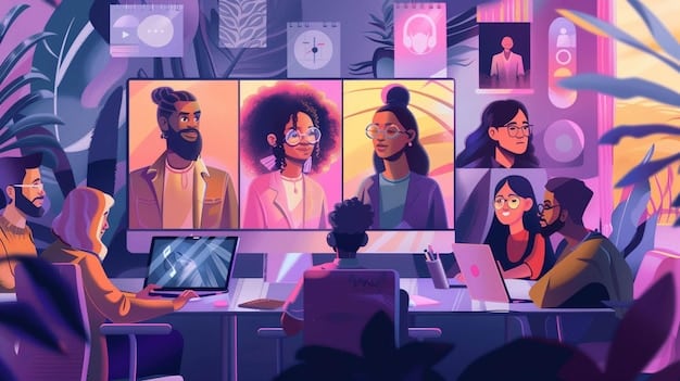 A digital illustration depicting diverse professionals collaborating online through a virtual meeting, with screens displaying project data and smiling faces. The scene emphasizes a cohesive, productive team environment despite the physical distance, highlighting 'The Future of Remote Work: Business Insights for US Companies Adapting to the New Normal'.