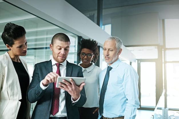 A close-up shot of a diverse group of professionals discussing data on a digital tablet. The screen displays charts and graphs indicating positive growth and financial projections. The setting is a modern office environment, symbolizing the potential for tax incentives to foster collaborative business strategies and innovation, reflecting the impact of How Will the New Corporate Tax Incentives Impact US Business Growth in 2025?.