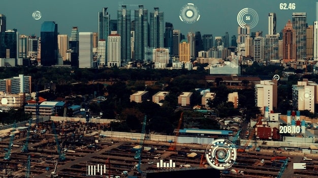 A futuristic image depicting advanced technology devices and interfaces overlayed onto a bustling urban environment in the US, showcasing the integration of technology into daily life. The image represents US Market Trends: Identifying Growth Opportunities for Businesses in the Current Economic Climate through technological innovation.