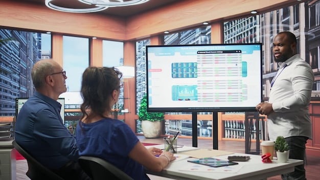 A diverse team of data scientists collaborating around a large interactive screen displaying complex data visualizations. The scene conveys teamwork and the importance of skilled professionals in Data Analytics: How US Businesses Can Leverage Data to Drive Better Decision-Making.