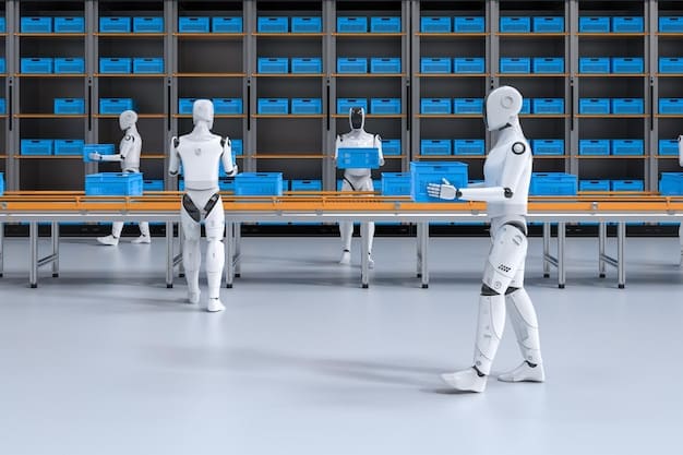 A futuristic factory floor with robots working alongside human employees, demonstrating how automation enhances productivity. The focus should be on the seamless integration of humans and machines, showing a harmonious and efficient work environment.